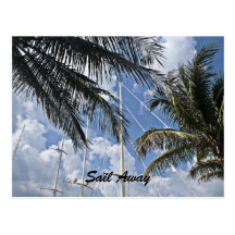 Sail boat mast through the palms, Sail Away Post Cards