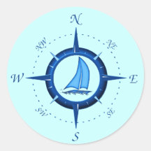 Sailboat And Compass Rose Round Sticker