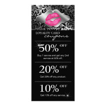 Salon Marketing Cards Damask Pink Lips 2 Silver Customized Rack Card