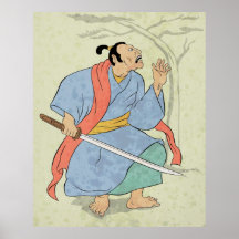 Samurai warrior with sword wood block print