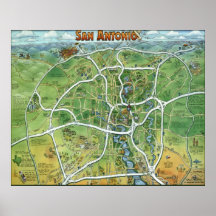 San Antonio Texas Cartoon Map Print