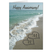 Sand Hearts on Beach Personalised Anniversary Greeting Cards