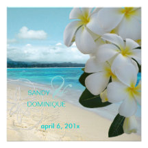 Sandy beach/plumeria destination wedding custom announcements
