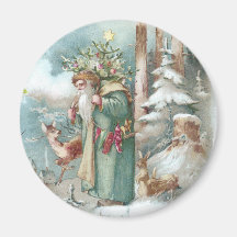 Santa and Forest Animals Vintage Christmas Magnet