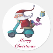 Santa Claus Scooterist Round Stickers