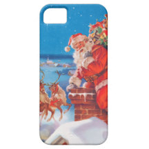 Santa Claus Up On The Rooftop With His Reindeer