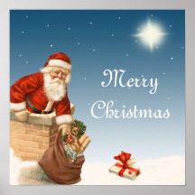 Santa going down the Chimney Vintage design Print