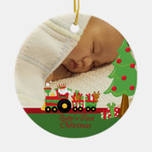 Santa train baby's first christmas photo ornament