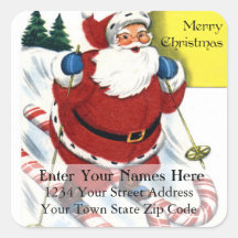 Santa With Candy Cane Skis Vintage Address Label Square Sticker