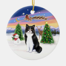 Santas Take Off - Black and White cat (ASH) Christmas Tree Ornaments
