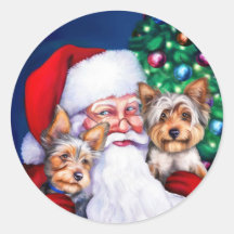 Santa's Yorkies at Christmas Round Sticker