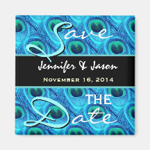Save the Date Aqua and Cobalt Peacock Feathers Refrigerator Magnets