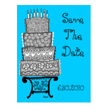 Save The Date Blue Wedding Cake Postcard