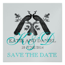 Save the Date Cards Peacocks Monogram SIlver Personalised Announcement