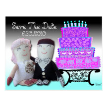 Save The Date Doll & Cake Wedding Postcard