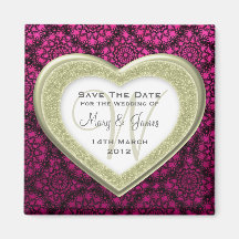 Save The Date Glitter Heart Gold Mod Lace Pink Fridge Magnet