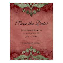 Save the Date Postcard Antique Verdigris Xmas Red