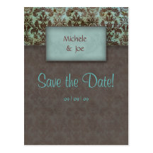 Save the Date Turquoise Brown Damask Postcard 2