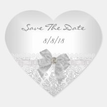 Save The Date Wedding Damask White Silver Bow Stickers