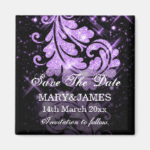 Save The Date Wedding Purple Glitter Floral Swirls Refrigerator Magnets