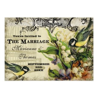 Save the Date, Yellow Song Bird Cage Swirl Floral Announcements