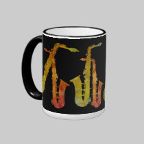 Sax Buddies Orange and Gold on Black mugs