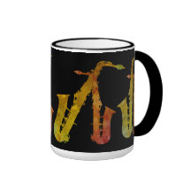 Sax Buddies Orange and Gold on Black Mugs