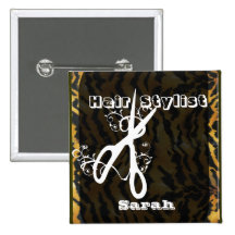 Scissors Swirls Hairstylist Salons Artist Name Tag Pinback Button