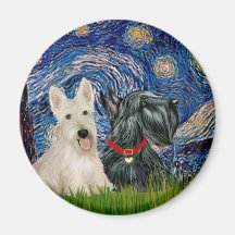 Scottish Terriers (two-BW) - Starry Night Fridge Magnets