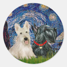 Scottish Terriers (two-BW) - Starry Night Round Sticker