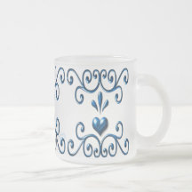 Scrolled Hearts frosted glass mug rich blue