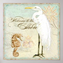 Sea Horse, Great Egret Coastal Beach - Fine Art Poster