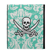 Seafoam Green Damask Jolly Roger iPad Case