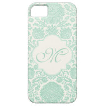 Seafoam Green Retro Floral Damask with Monogram iPhone 5 Cases