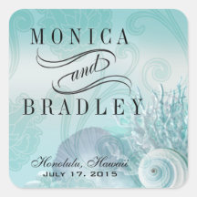 Seashell Dreams Beach Wedding aqua Square Stickers