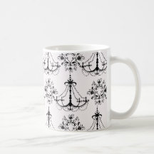 shabby chandelier white black damask coffee mugs