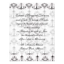shabby chandelier white black damask invitations