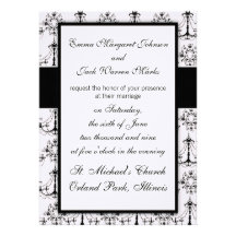 shabby chandelier white black damask pattern personalized invitations