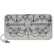 shabby chandelier white black damask notebook speakers