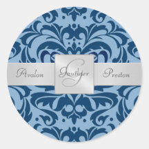 Shades of Blue Damask Monogram Wedding Sticker