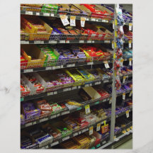 Shelves of chocolate bars in store custom flyer