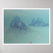 Ships around blue mountains poster