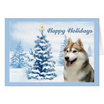 Siberian Husky Christmas Card Blue Tree