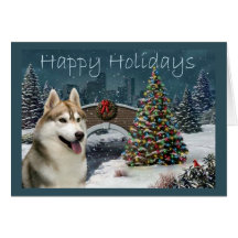 Siberian Husky Christmas Evening Greeting Cards
