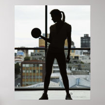 Silhouette of woman lifting weights at gym print