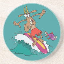 silly billy goat surfing surfer cartoon beverage coaster