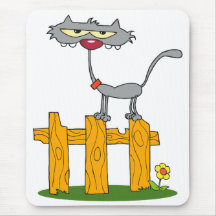 silly grey cat standing on a fence cartoon mousepad