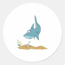 silly shark and clam round sticker