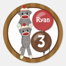 Silly SOCK MONKEY Birthday Round sticker SMR #1