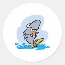 silly surfing shark round sticker